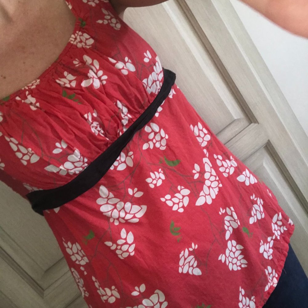 Red Empire Waist Top with Tie & Puffy Tank Sleeves